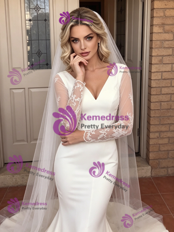 White Mermaid Long Sleeve V-Neck Split Wedding Dress