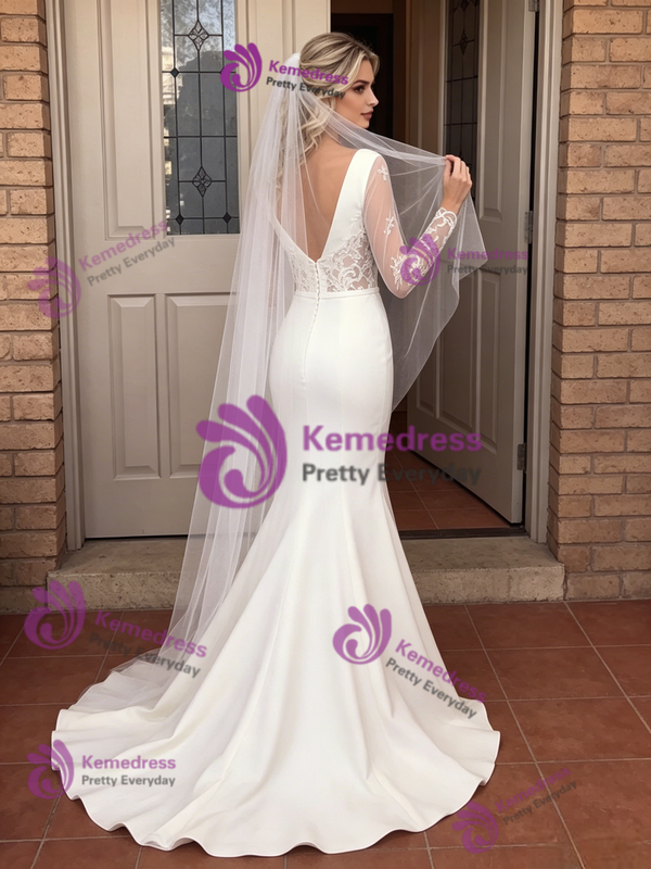 White Mermaid Long Sleeve V-Neck Split Wedding Dress