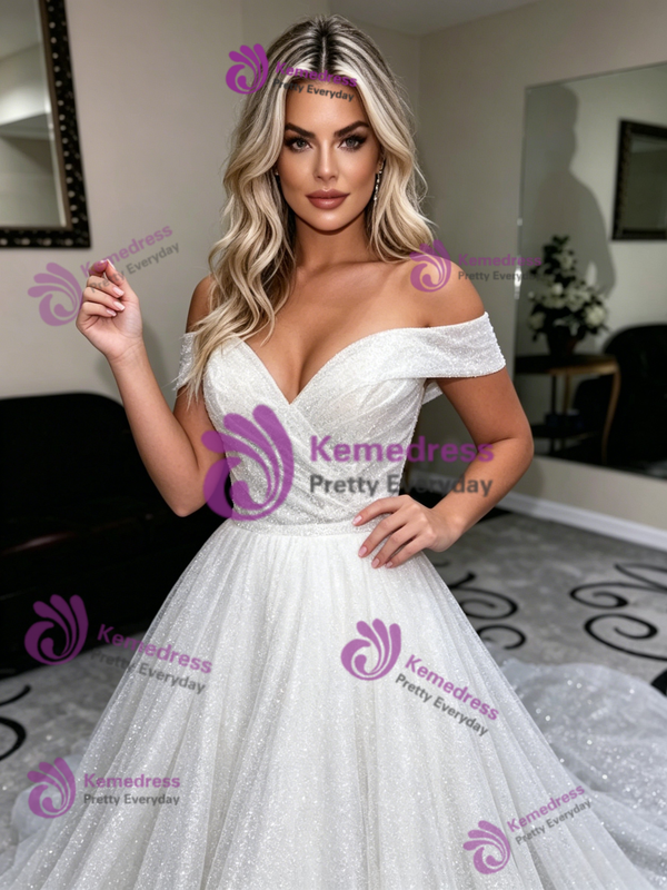 Simple White Sequins Off The Shoulder Wedding Dress