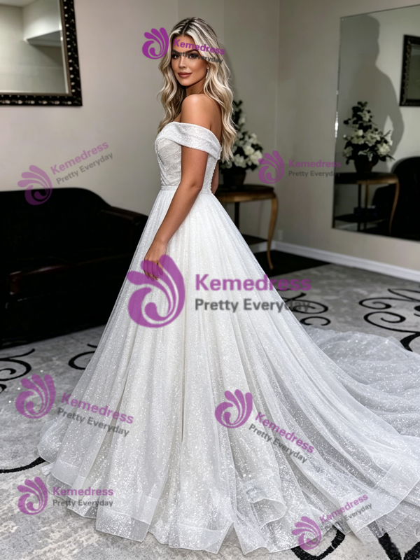 Simple White Sequins Off The Shoulder Wedding Dress