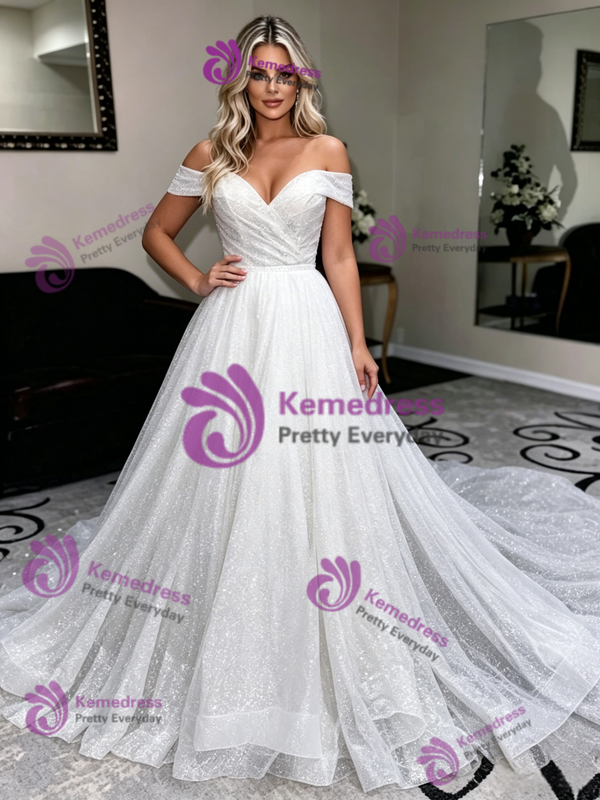 Simple White Sequins Off The Shoulder Wedding Dress