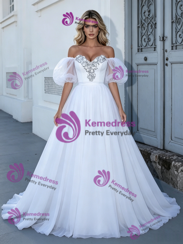 White Tulle Puff Sleeve Beading Wedding Dress
