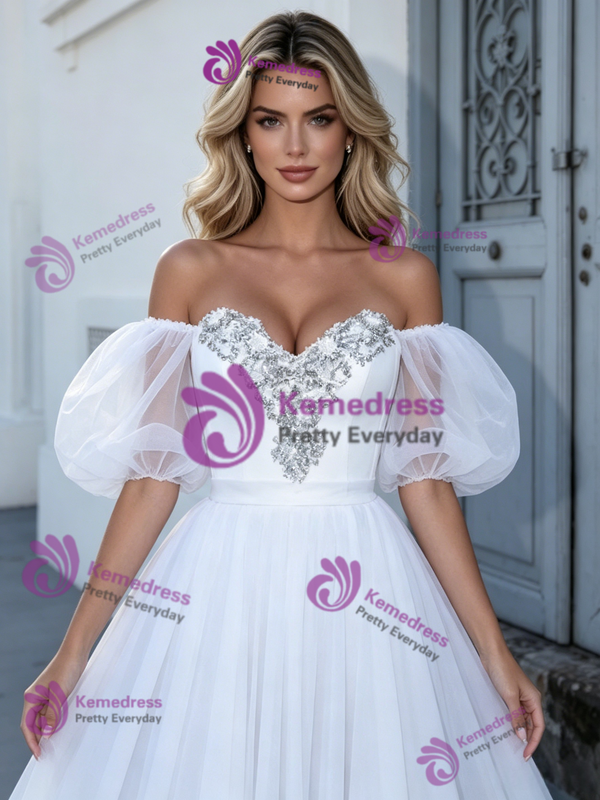 White Tulle Puff Sleeve Beading Wedding Dress