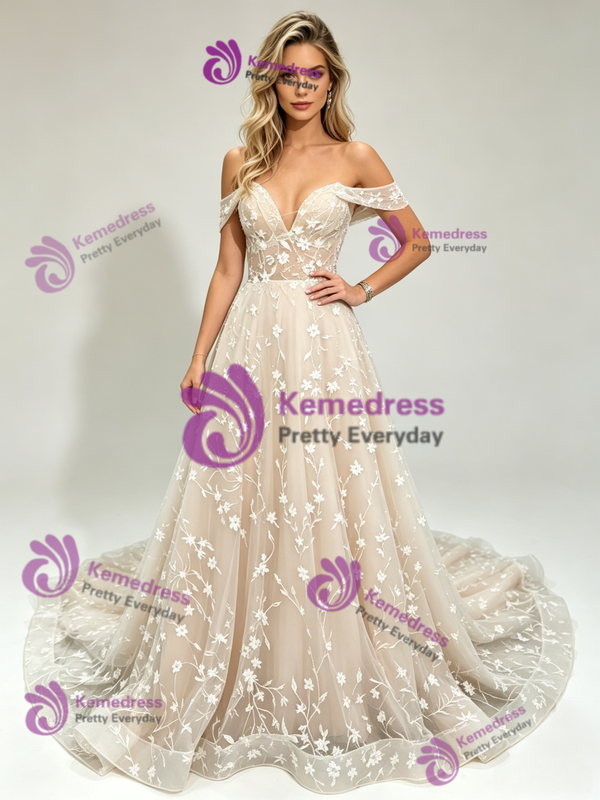 Simple Champagne Lace Off The Shoulder Wedding Dress