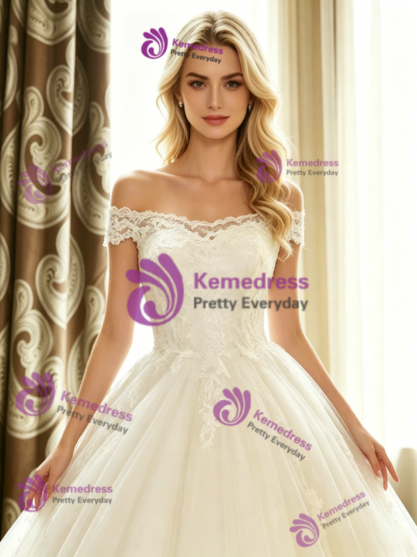 White Tulle Lace Off The Shoulder Wedding Dress