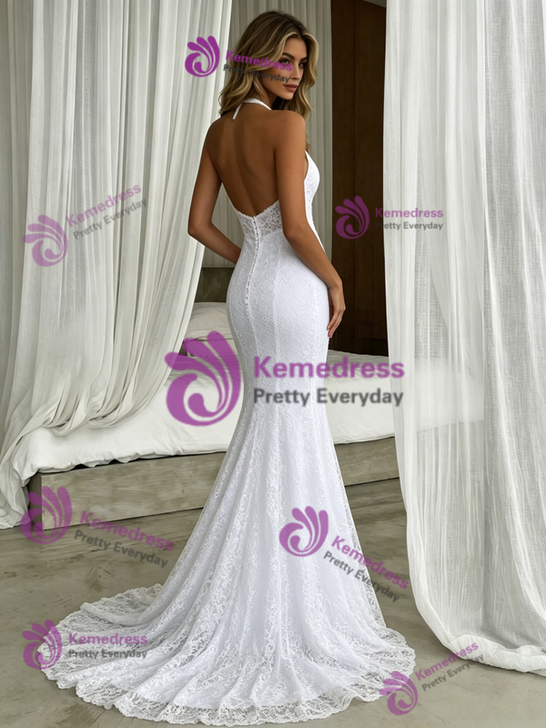 Sexy White Mermaid Lace Halter Wedding Dress
