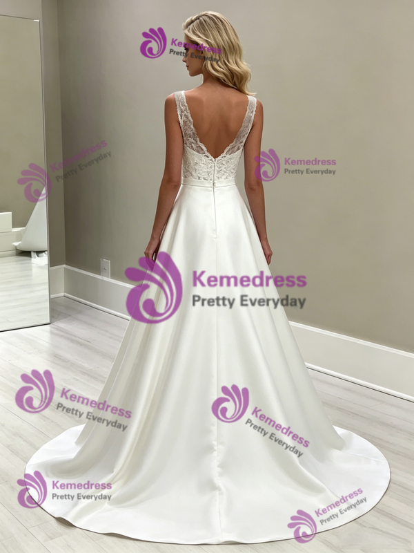 White Satin V-neck Lace Wedding Dress