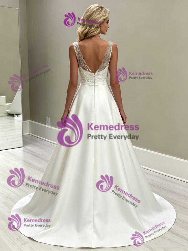 White Satin V-neck Lace Wedding Dress