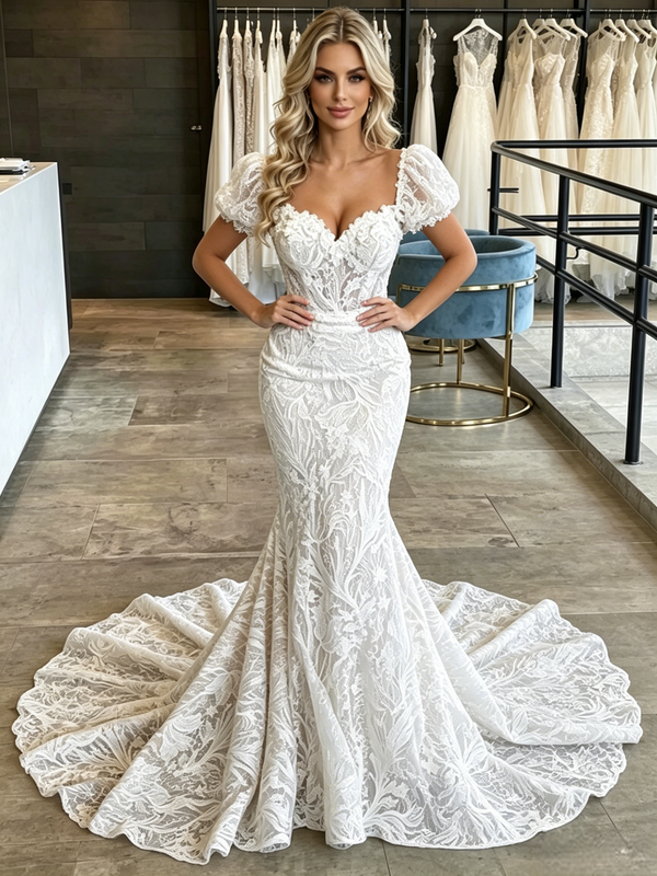 Sexy White Mermaid Lace Puff Sleeve Wedding Dress