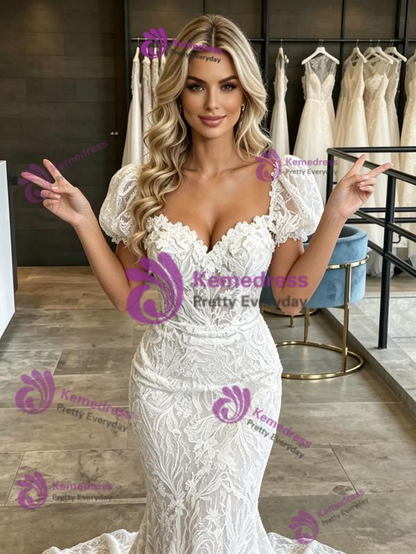 Sexy White Mermaid Lace Puff Sleeve Wedding Dress