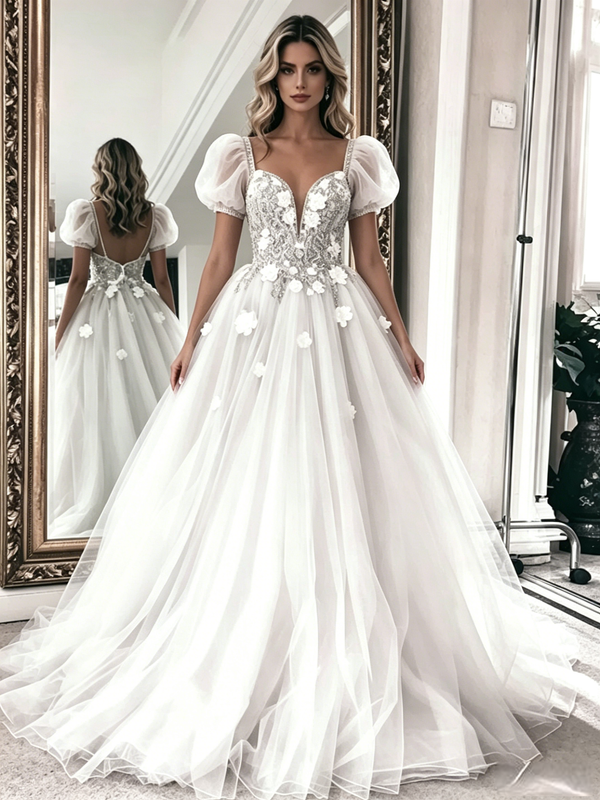 White Tulle Lace Spaghetti Straps Wedding Dress
