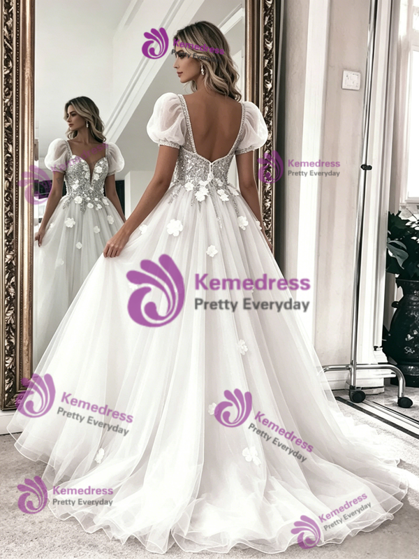 White Tulle Lace Spaghetti Straps Wedding Dress
