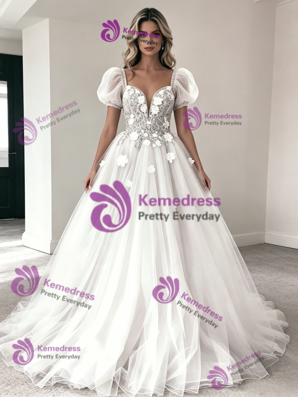 White Tulle Lace Spaghetti Straps Wedding Dress