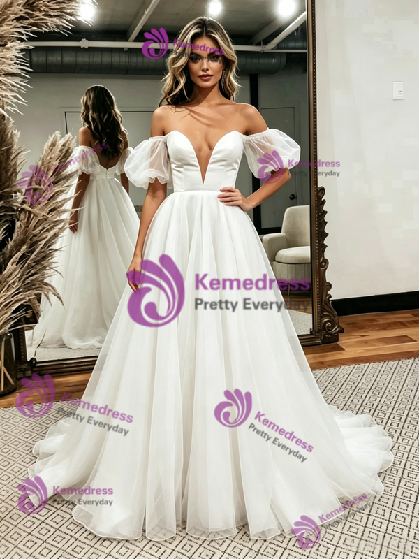 White Tulle Straps Puff Sleeve Wedding Dress