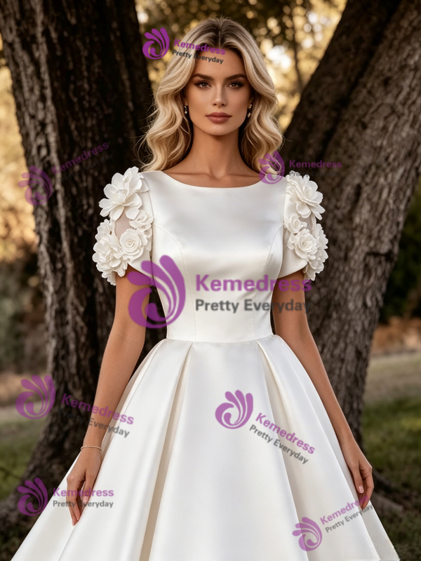Simple White Satin Short Sleeve Flower Wedding Dress