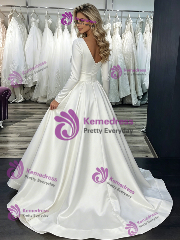 White Satin One Shoulder Long Sleeve Wedding Dress