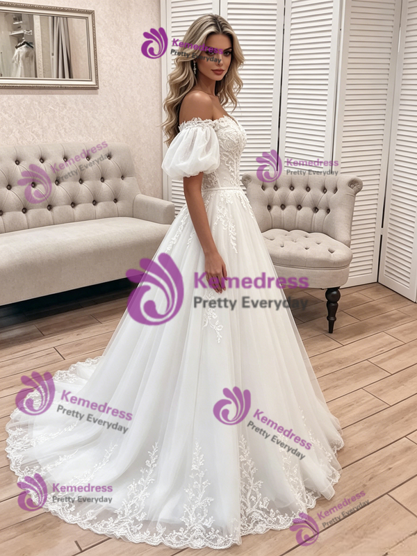 White Tulle Lace Off The Shoulder Wedding Dress