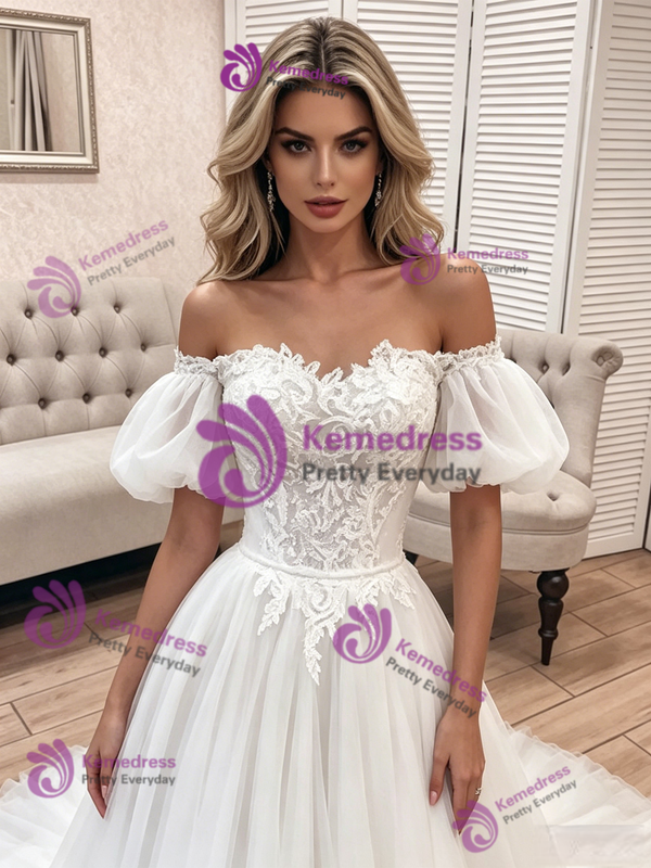 White Tulle Lace Off The Shoulder Wedding Dress