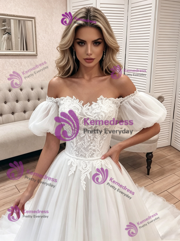 White Tulle Lace Off The Shoulder Wedding Dress