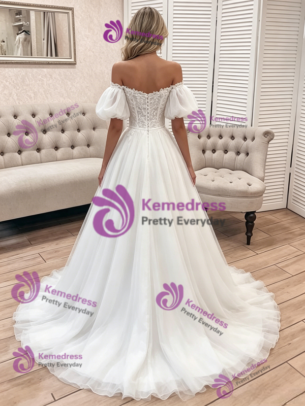 White Tulle Lace Off The Shoulder Wedding Dress
