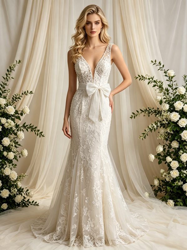 Beige White Mermaid Tulle V-Neck Wedding Dress