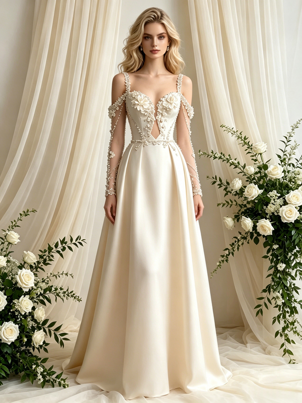 Ivory Satin Straps Long Sleeve Flower Wedding Dress