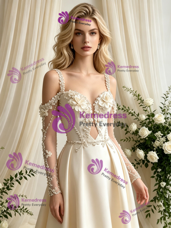 Ivory Satin Straps Long Sleeve Flower Wedding Dress