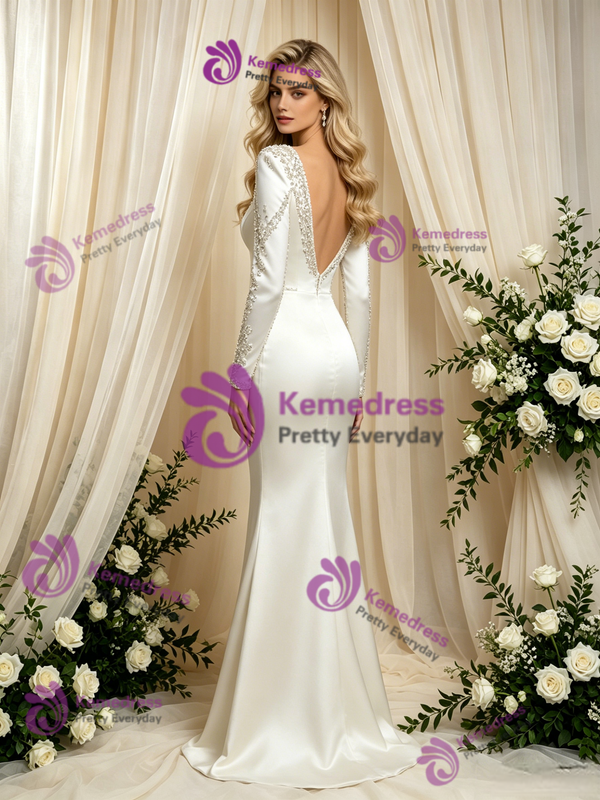 Mermaid Satin Long Sleeve Beading Wedding Dress