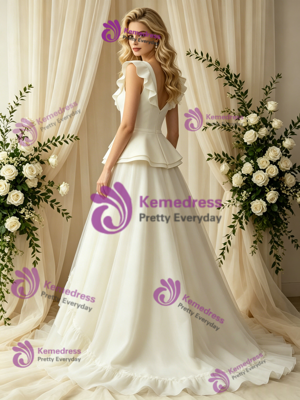 Ivory Tulle V-Neck Button Wedding Dress