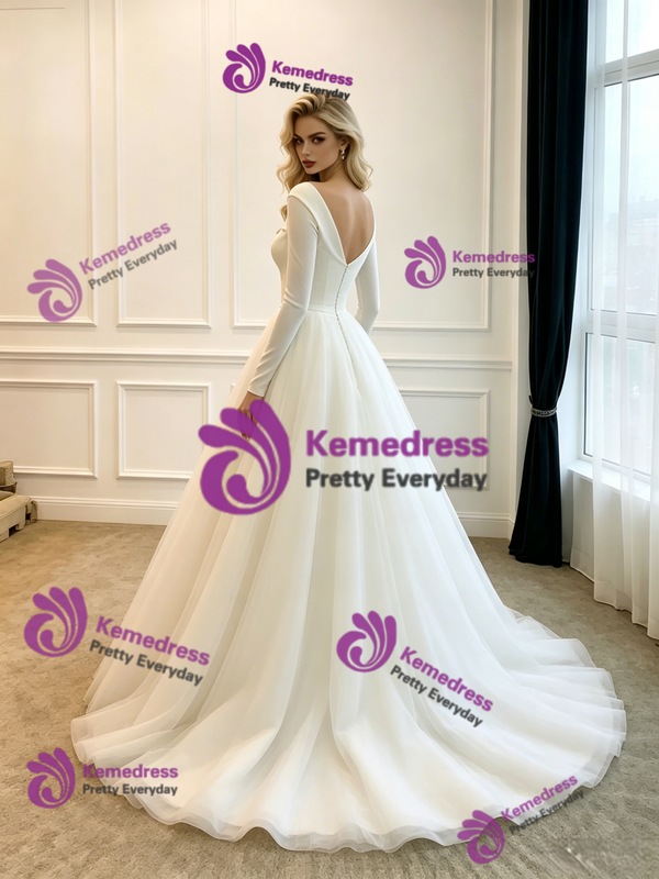 White Satin Long Sleeve Wedding Dress
