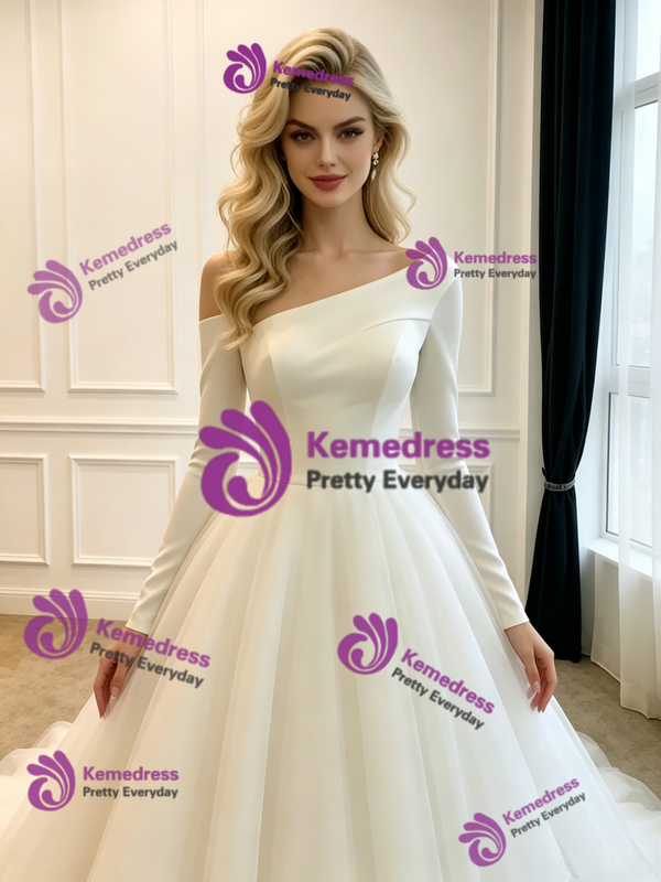 White Satin Long Sleeve Wedding Dress