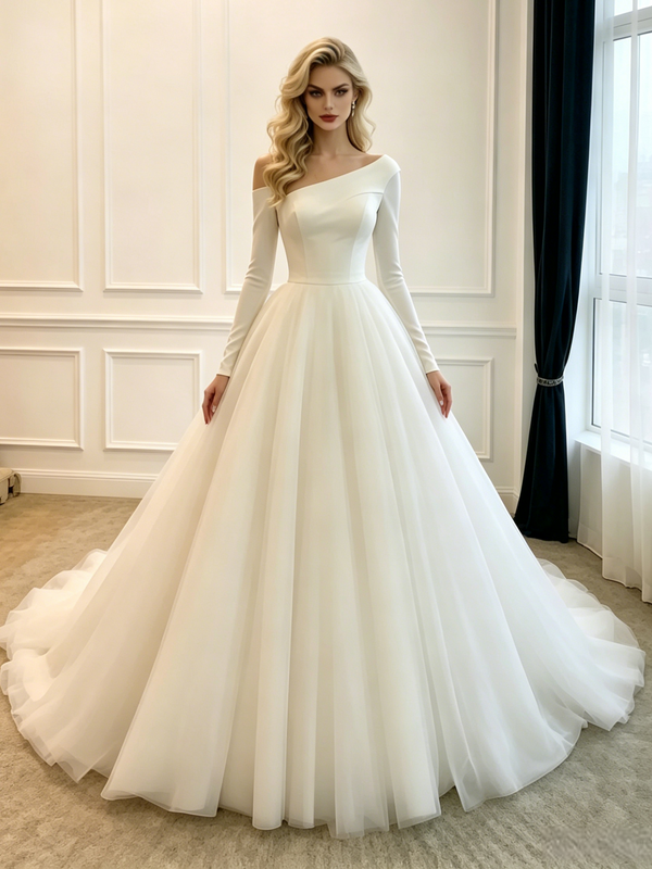 White Satin Long Sleeve Wedding Dress