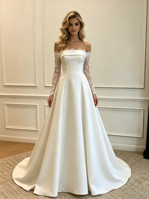 White Satin Long Sleeve Lace Wedding Dress