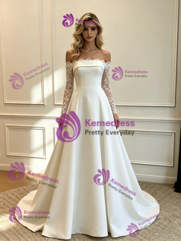 White Satin Long Sleeve Lace Wedding Dress