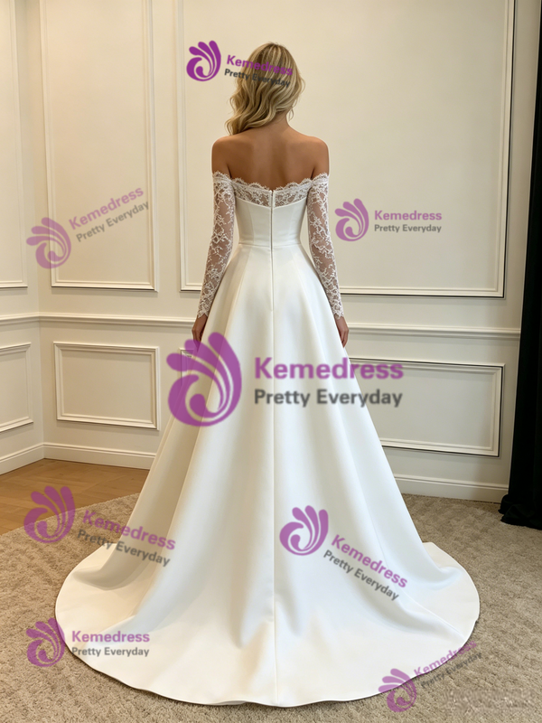 White Satin Long Sleeve Lace Wedding Dress