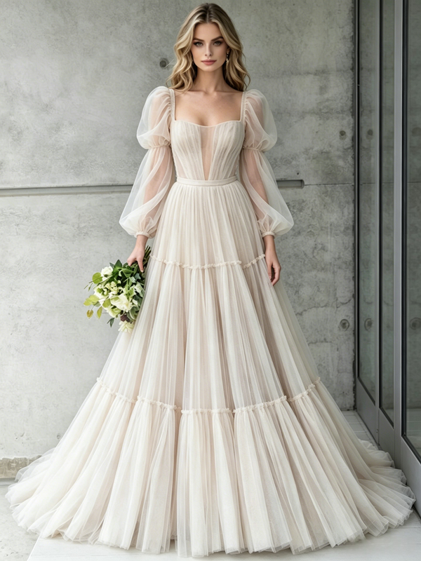 Ivory Tulle Long Sleeve Square Neck Pleats Wedding Dress