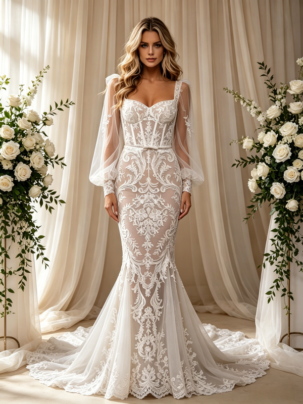Sexy White Mermaid Tulle Lace Long Sleeve Wedding Dress