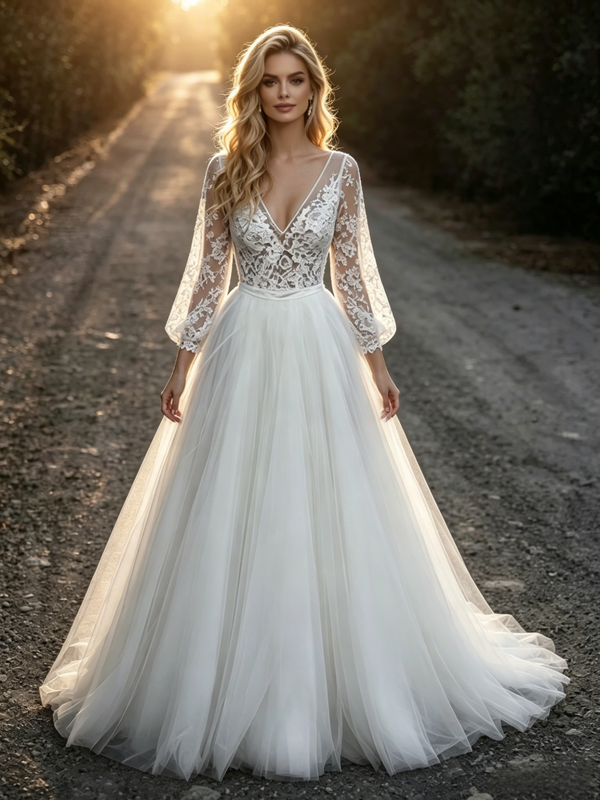 White Tulle Lace V-Neck Long Sleeve Wedding Dress