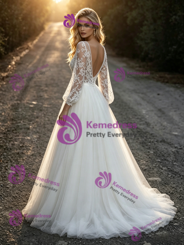 White Tulle Lace V-Neck Long Sleeve Wedding Dress