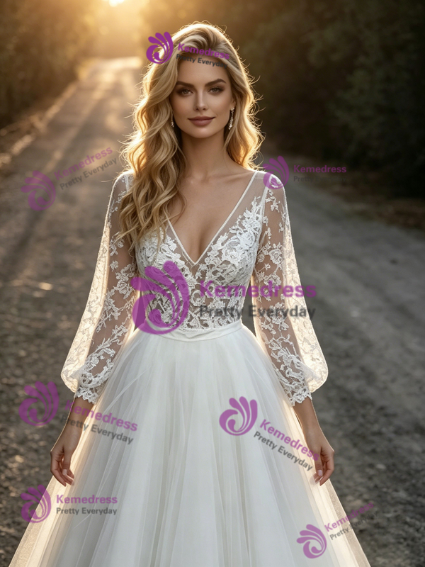 White Tulle Lace V-Neck Long Sleeve Wedding Dress