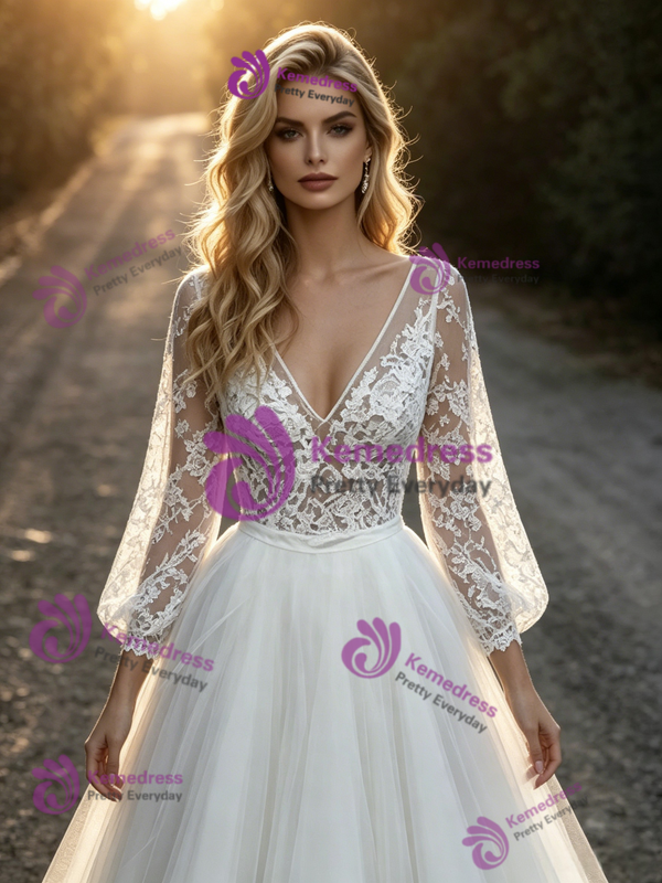 White Tulle Lace V-Neck Long Sleeve Wedding Dress