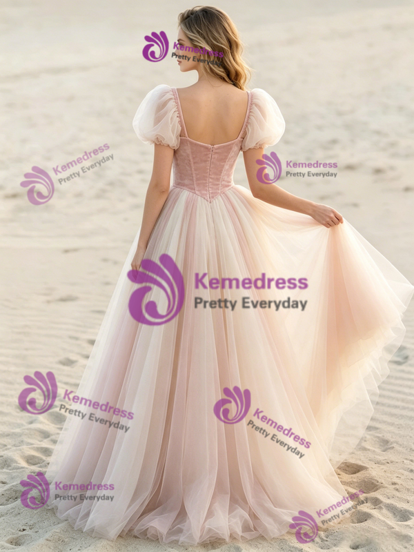 Pink Square Neck Tulle Puff Sleeve Wedding Dress