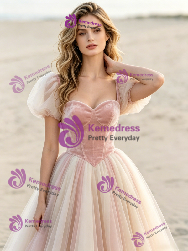 Pink Square Neck Tulle Puff Sleeve Wedding Dress