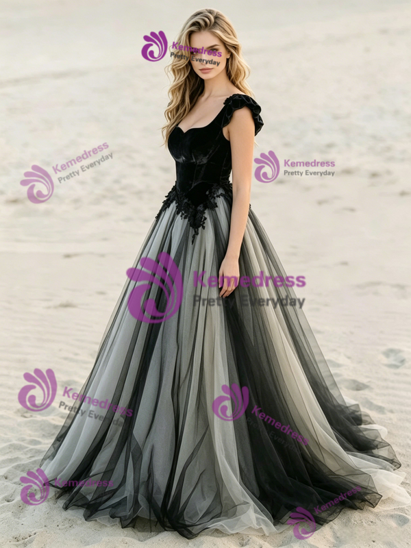 Black Tulle Velvet Appliques Wedding Dress