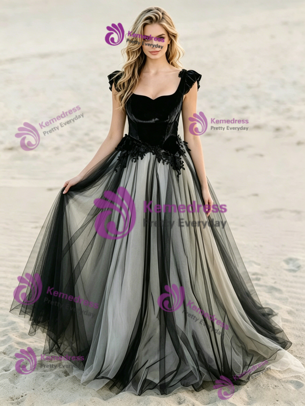 Black Tulle Velvet Appliques Wedding Dress