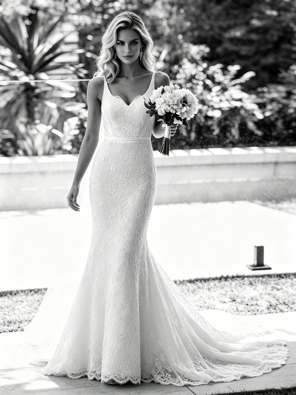 Sexy White Mermaid Lace Straps Wedding Dress