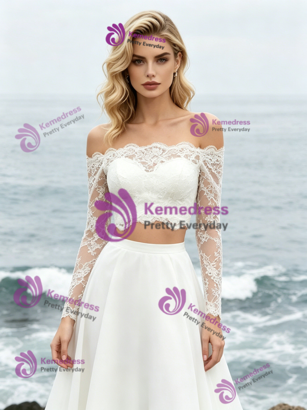 White Long Sleeve Two Piece Chiffon Lace Wedding Dress