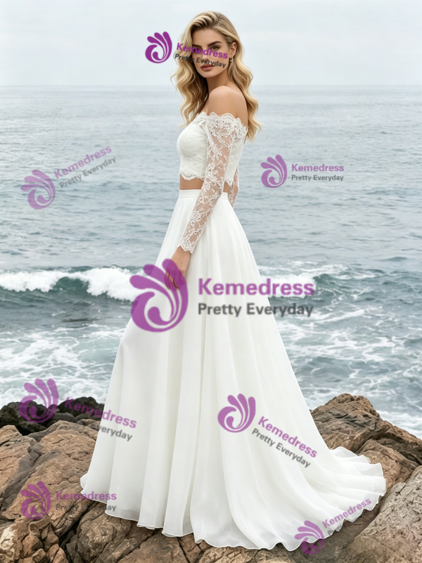 White Long Sleeve Two Piece Chiffon Lace Wedding Dress