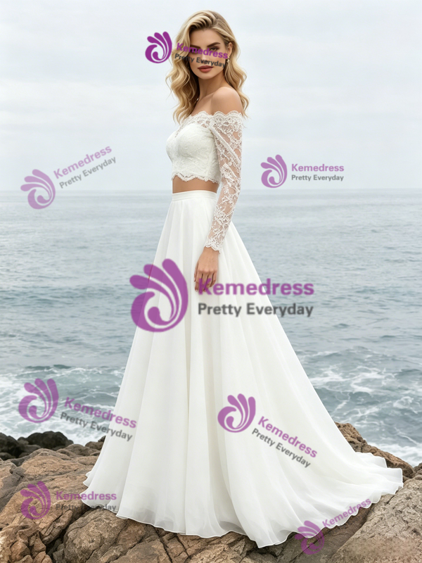 White Long Sleeve Two Piece Chiffon Lace Wedding Dress