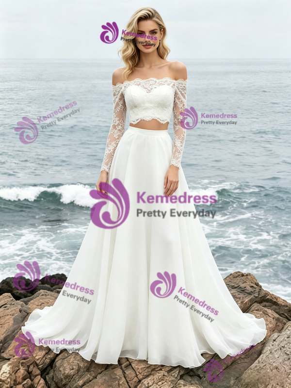 White Long Sleeve Two Piece Chiffon Lace Wedding Dress